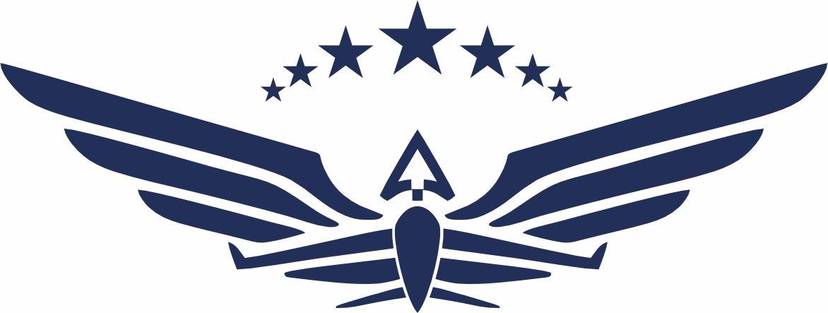 Navy blue emblem with wings, an upward arrow, and five stars in a semicircle.