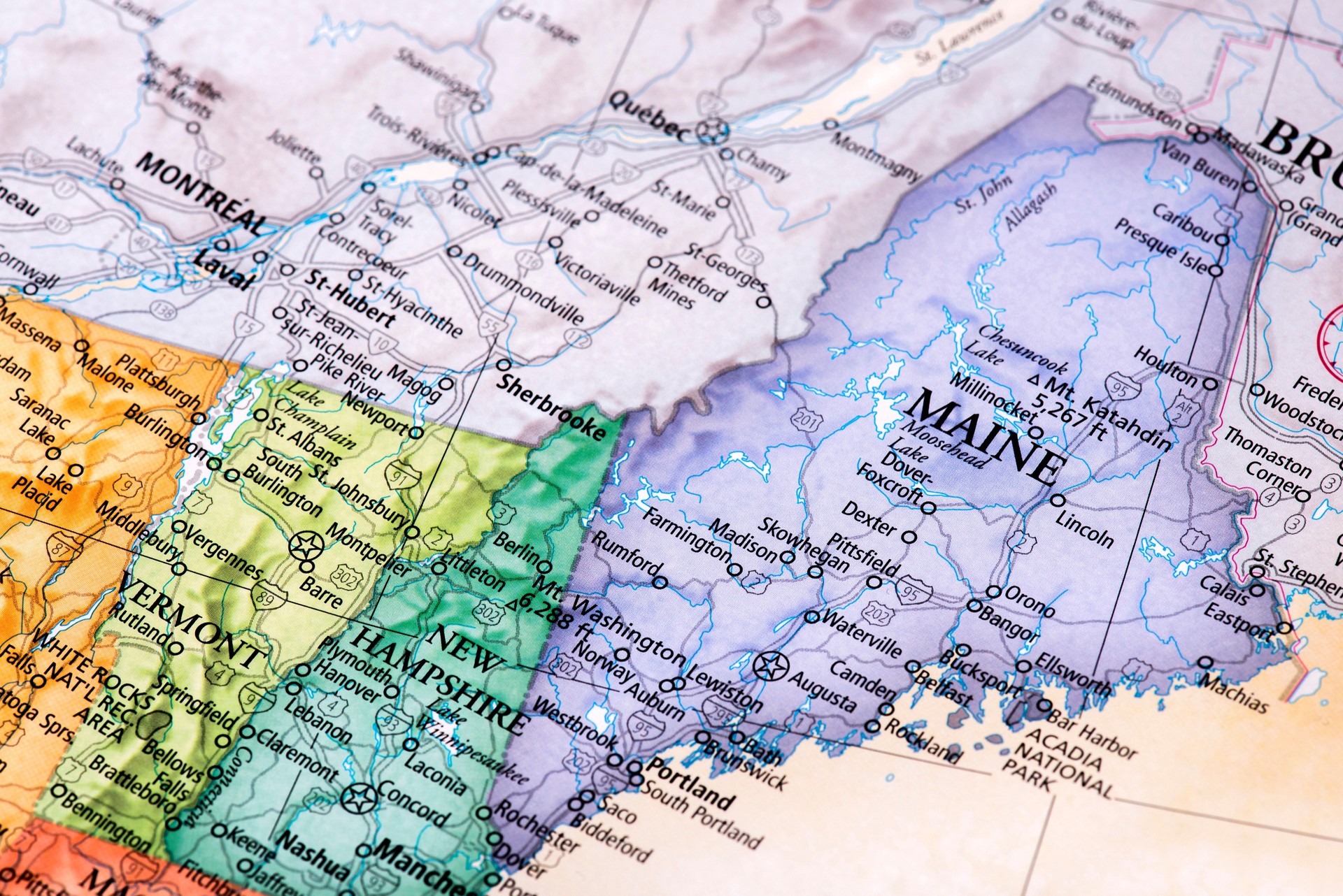 Map of Maine, New Hampshire, Vermont States